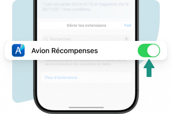 Gestionnaire d'extensions Safari mettant en vedette AchatsExtra Avion Récompenses active