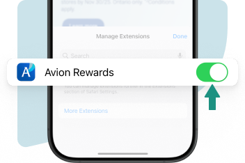 Safari’s extension manager emphasizing Avion Rewards ShopPlus toggled on