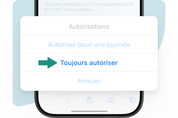 Gestionnaire d'autorisations Safari mettant l'accent sur l'option « Toujours autoriser »